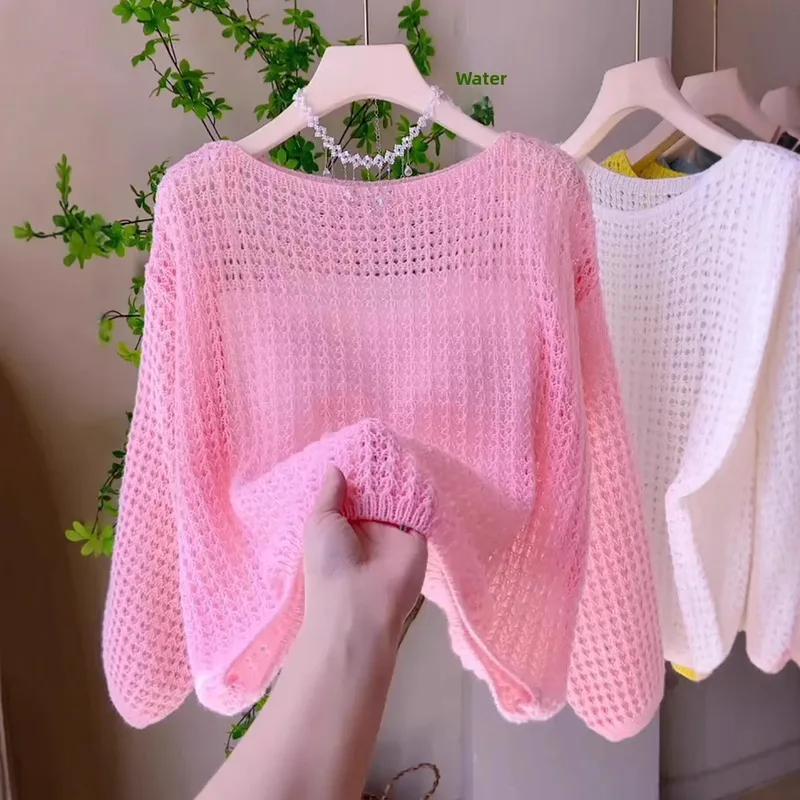 Solid Color Long Sleeve Knit Sweater with Hollow Out Design, Pullover Style Women's Knitwear