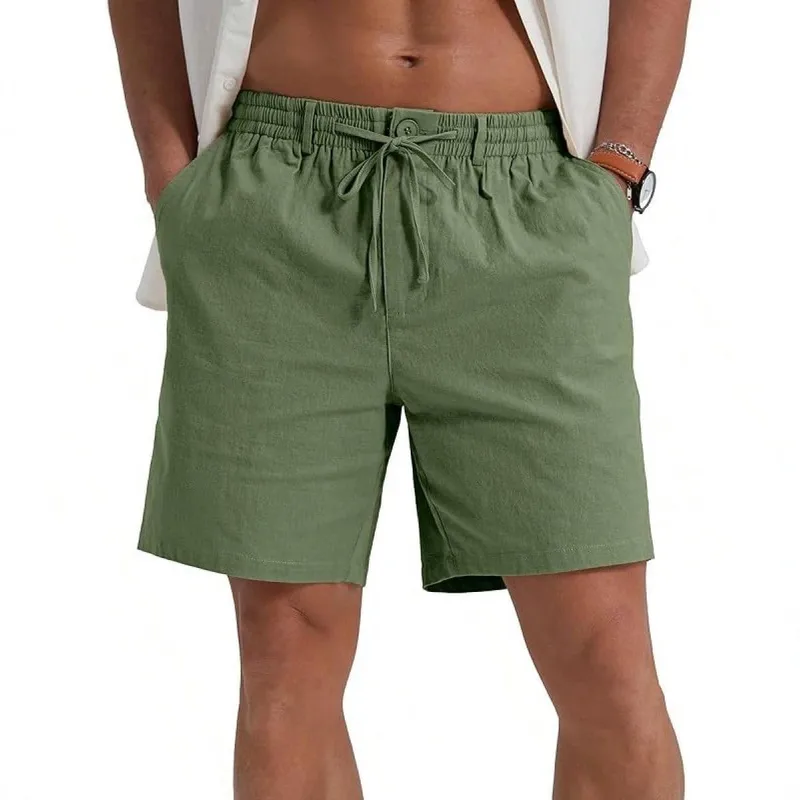 Men's Casual Solid Color Polyester Beach Shorts with Drawstring for Comfortable Summer Wear