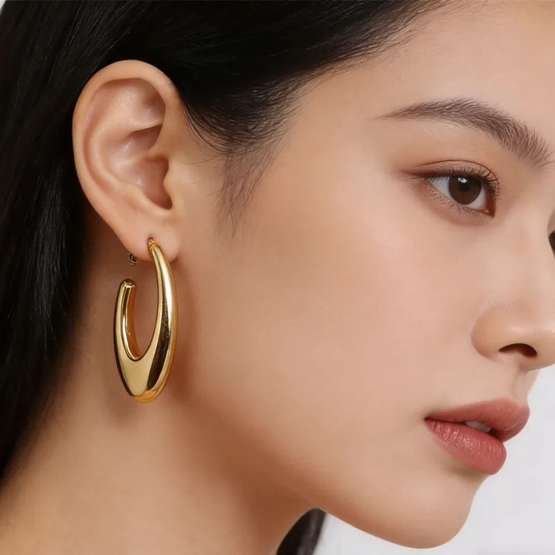 Asymmetrical U Shape Earrings for Women in 304 Stainless Steel with 14K Real Gold PVD Coated Plating and 0.03µm Thickness