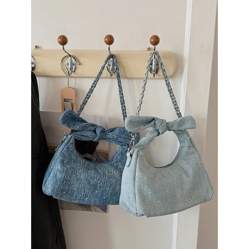Women’s Denim Square Bow Tie Crossbody Bag with Chain Strap, Stylish and Fashionable