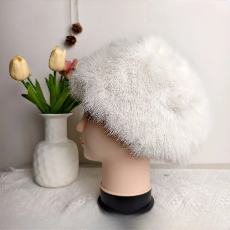 Solid Color Princess Style Unisex Bucket Hat with Ear Wrap Brim, Made of Plush Imitation Fox Fur