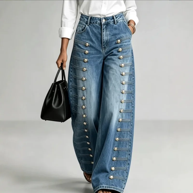 Streetwear Full Length Jeans for Women in Denim Cotton Fabric with Metal Craft, Inelastic Design for Street Occasion