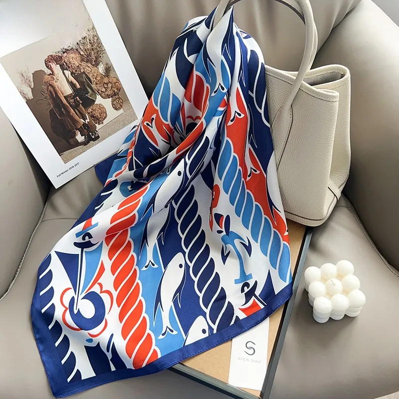 Women’s Streetwear Polyester Silk Scarf Featuring Fish Pattern in Blue, Perfect for Summer