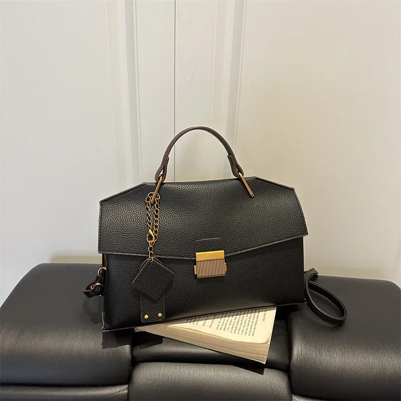 Square PU Leather Handbag in Solid Color for Women with Lock Detail and Top Handle