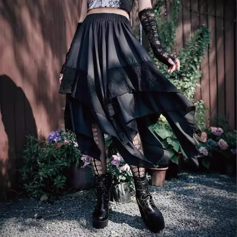 Lace Floral Gothic Midi Dress with Irregular Skirt