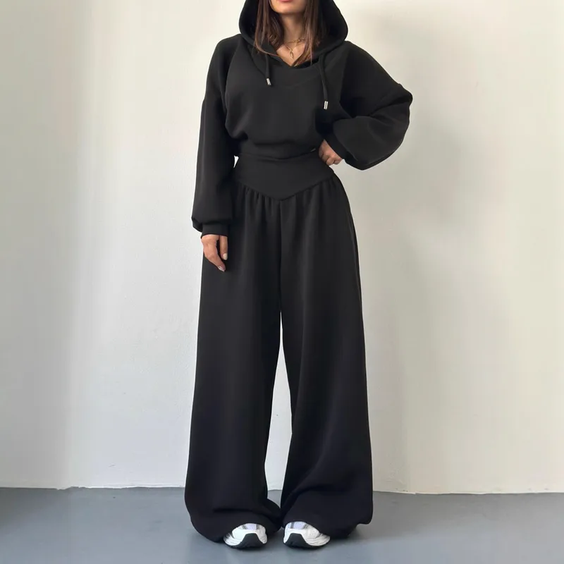 Solid Color Pant Co-ord Set, Casual Style, Cotton Polyester, V Neck, Long Sleeve, 2 Pieces