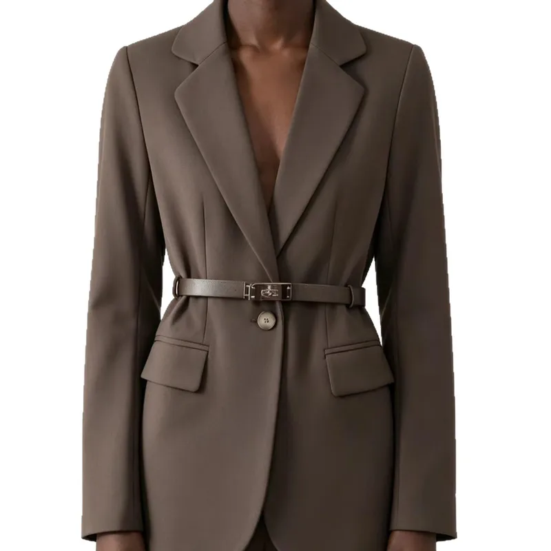 Elegant Long Sleeve Solid Color Polyester Blazer Featuring Pocket and Single Breasted Design