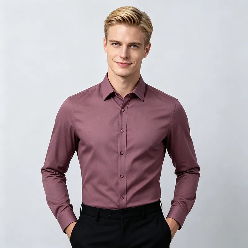 Solid Color Business Long Sleeve Men's Shirt in Polyester with Single Breasted Closure and Shirtsleeve Style