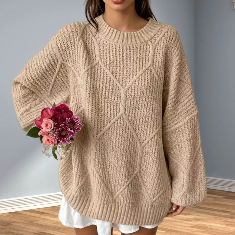 Argyle Acrylic Sweater with Long Sleeves and Round Neck, Knitted Pullover Design