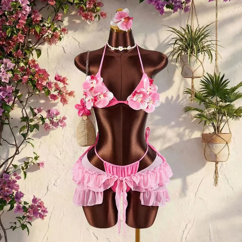Women's Flowers Three-Piece Swimwear Set Featuring Natural Pink Tie Closure Split Swimsuit with Printed Polyester Fabric