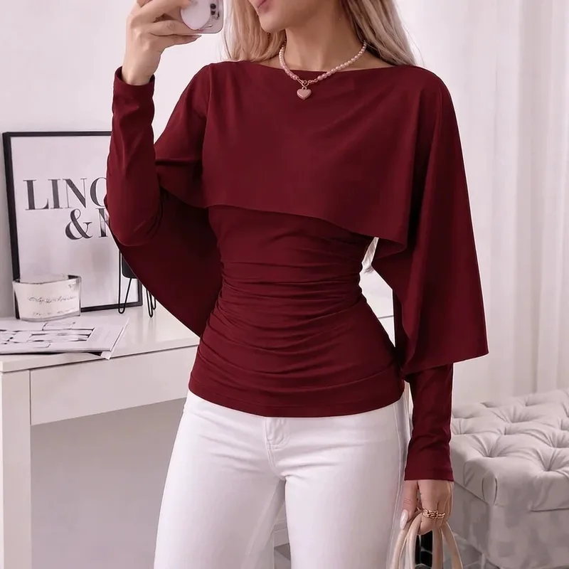 Elegant Solid Color Long Sleeve Polyester T-shirt with Cloak Sleeve Featuring Pullover Design