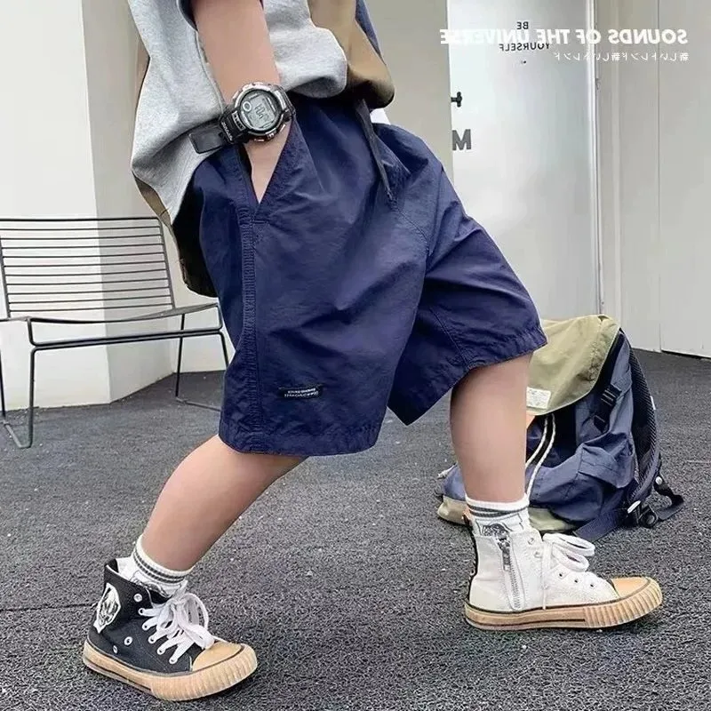 Casual Solid Color Nylon Shorts for Boys in Khaki, Comfortable Children's Pants for Everyday Wear