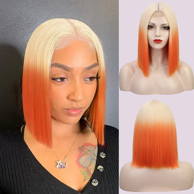 Women's Short Straight Front Lace Wig with Gradient Color for Casual Home Use