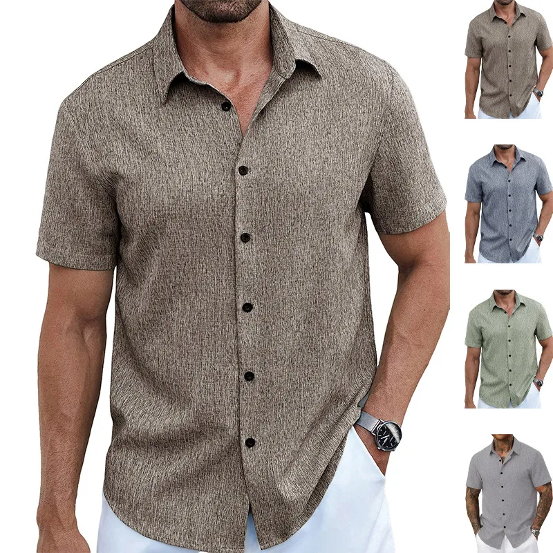 Solid Color Business Short Sleeve Men's Shirt in Polyester Fabric with Lapel Collar and Placket