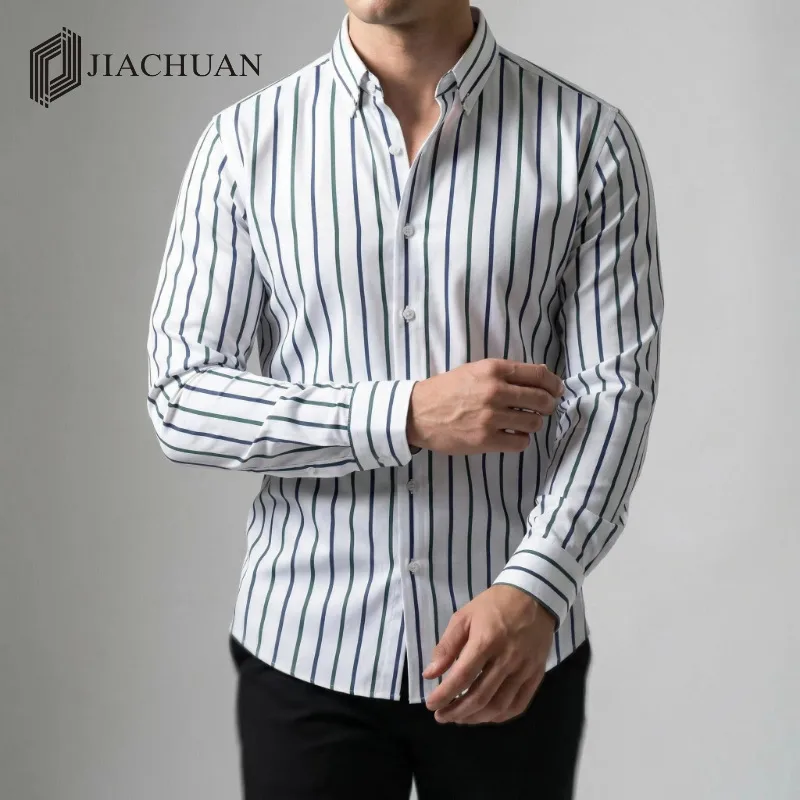 Stripe Casual Long Sleeve Men's Shirt with Printing in 4-Way Stretch Fabric featuring Lapel Collar