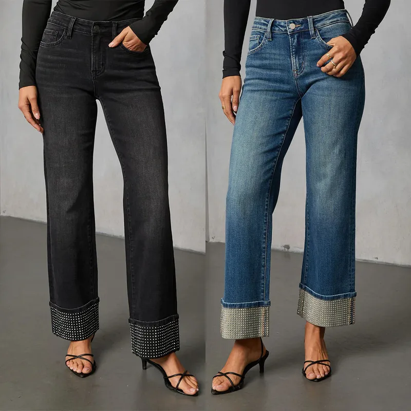 Solid Color Full Length Casual Jeans for Women in Denim Cotton Fabric with Washed Craftsmanship