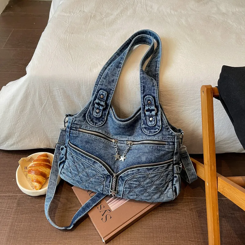 Women’s Solid Color Denim Tote Bag in Square Shape with Single Shoulder Strap and Spacious Capacity