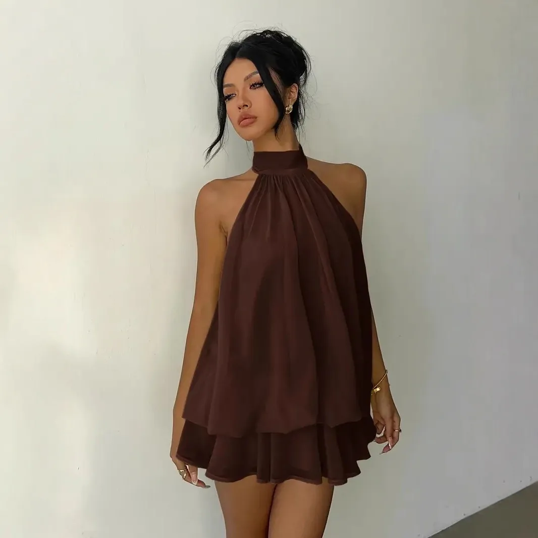 Solid Color Sleeveless Halter Neck Tea Dress in Polyester Fabric, Above Knee Length, Vacation Style