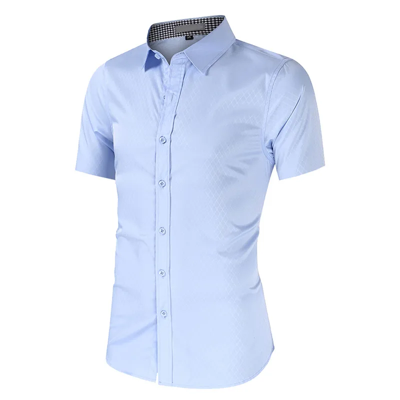 Plaid Business Short Sleeve Men's Shirt in Polyester Fabric with Lapel Collar and Placket