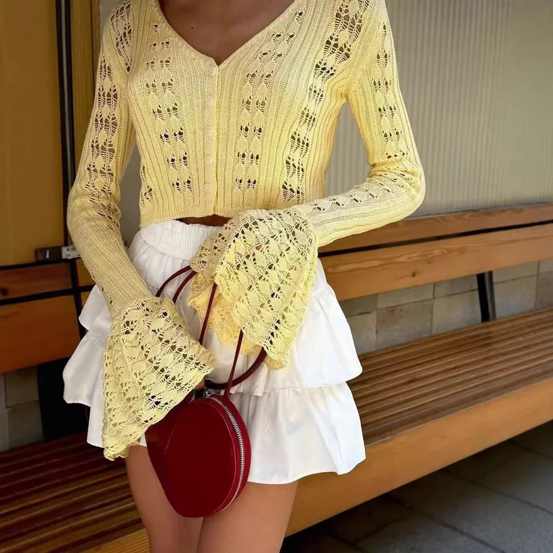 Sexy Solid Color Long Sleeve Knit Top Featuring Hollow Out Craft with Placket