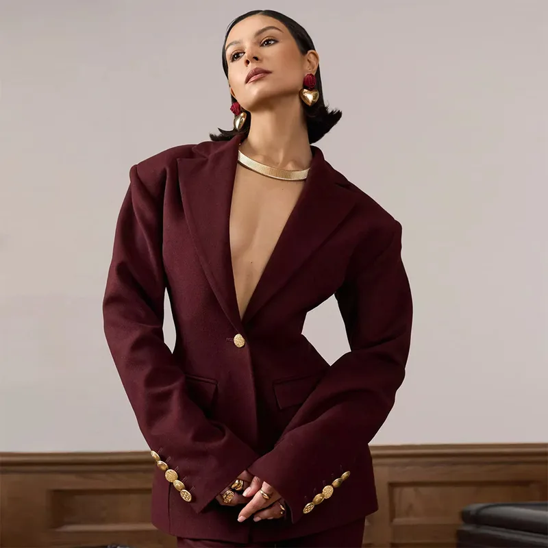 Elegant Solid Color Long Sleeve Polyester Blazer with V Neck and Single Breasted Closure