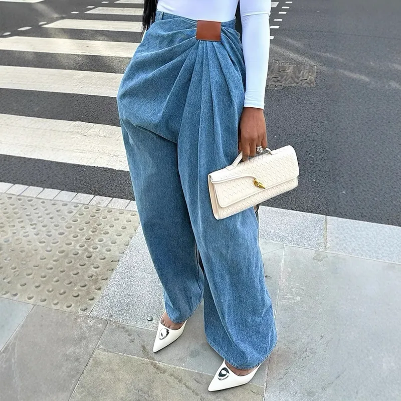 Women's Wide Leg Denim Cotton Jeans in Full Length with Washed Streetwear Style, Inelastic, Perfect for Spring
