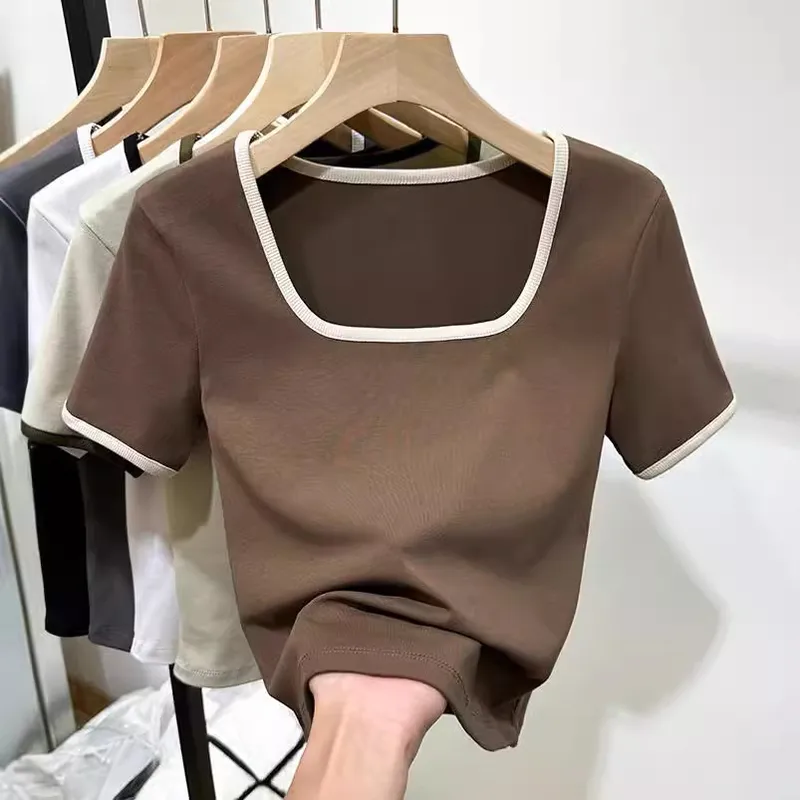 Women's Slim Fit Short Sleeve Square Neck Polyester Casual T-Shirt with Side Stripe