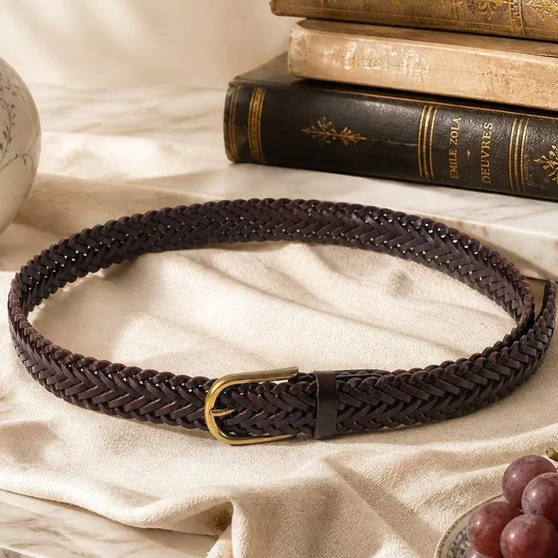 Retro Women’s Braided Genuine Leather Belt with Alloy Pin Buckle Featuring Braid Surface Finish