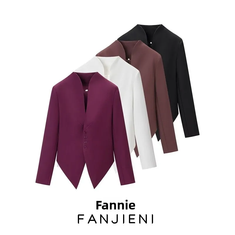 Streetwear Long Sleeve Polyester Blazer with Asymmetrical Craft and V Neck Design