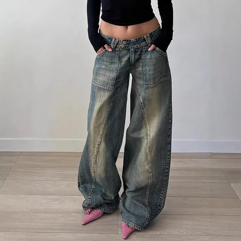 Casual Wide Leg Full Length Pants for Women in Washed Denim Cotton Fabric, Inelastic Design