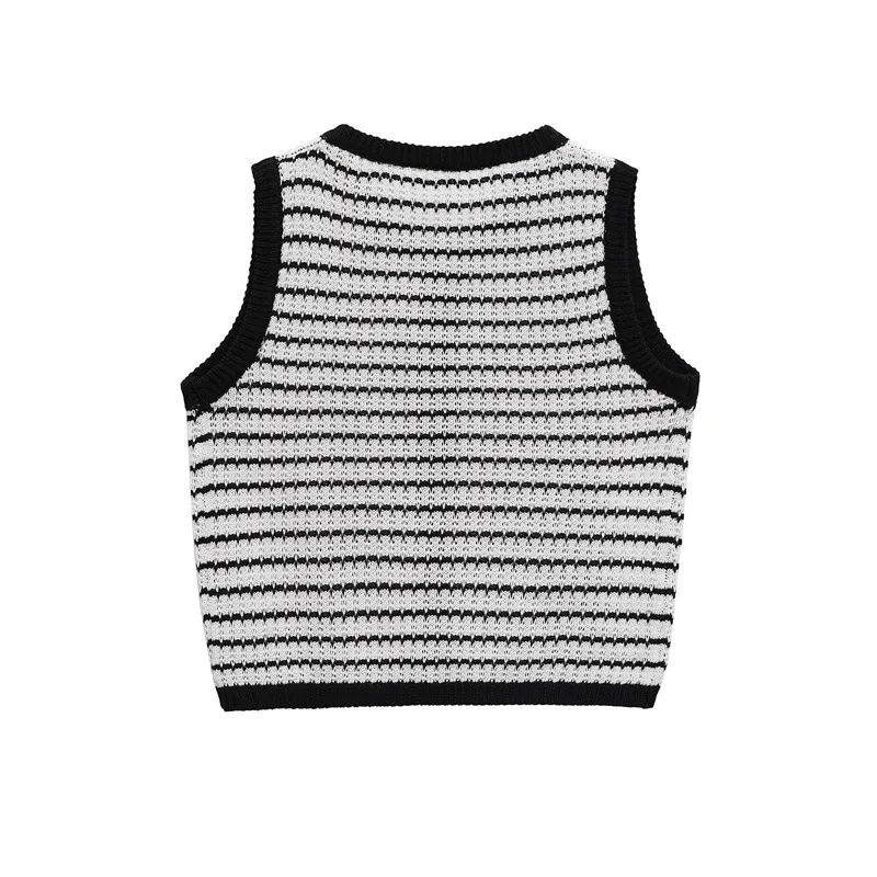 Women's Sleeveless Vest with Round Neck and Single Breasted Closure, Polyester Fabric Featuring Jacquard Stripe Pattern in Simple Style