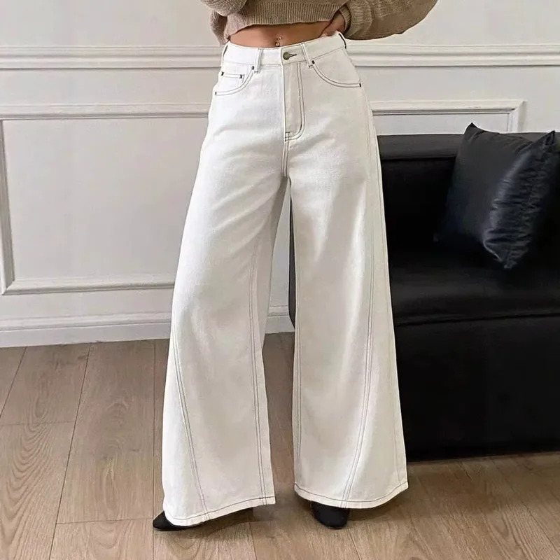 Casual Full Length Wide Leg Denim Cotton Pocket Pants for Women in Spring, Inelastic Design