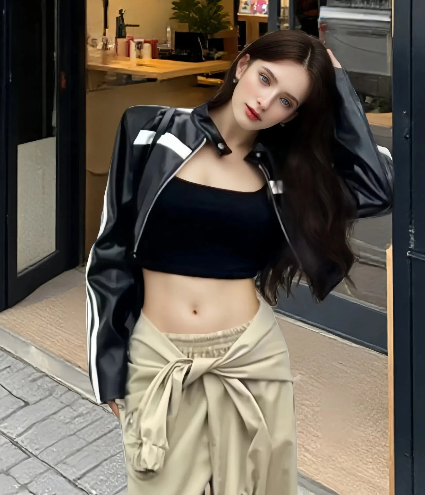 Vintage Style Color Block Leather Jacket for Women in PU Fabric with Zipper Closure