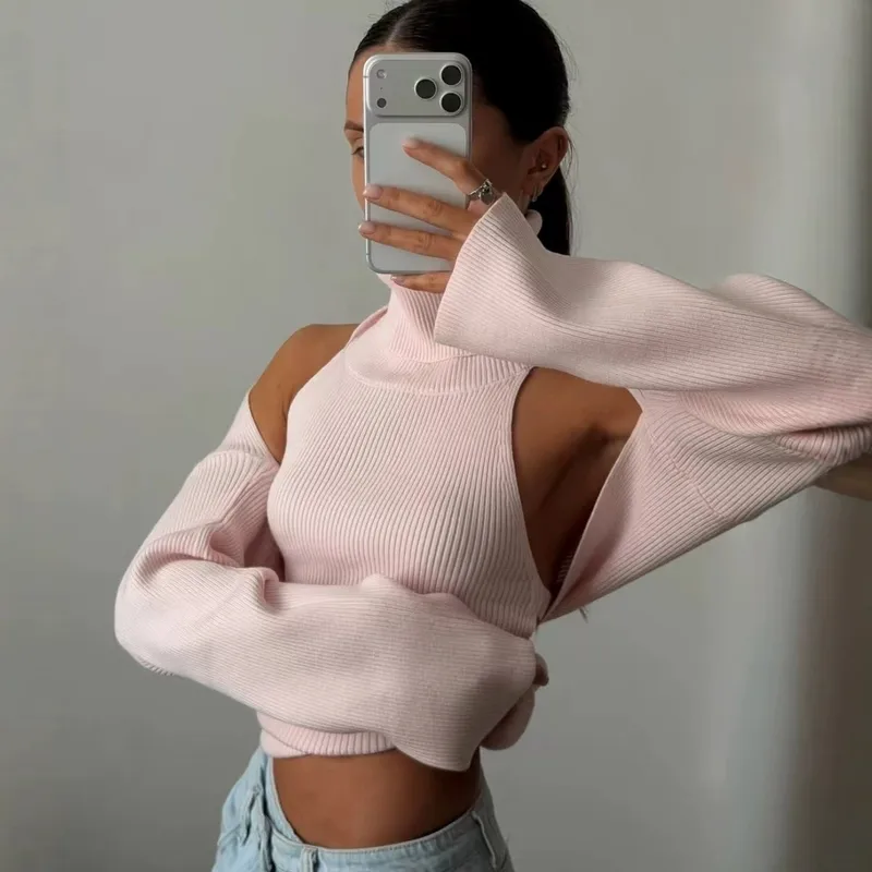 Long Sleeve Acrylic Sweater with Turtleneck, Knitted Craft, Regular Sleeve, 2 Pieces Set