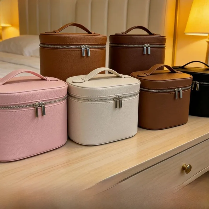 Solid Color PU Leather Cosmetic Bag for Women with Top Handle, Waterproof Design