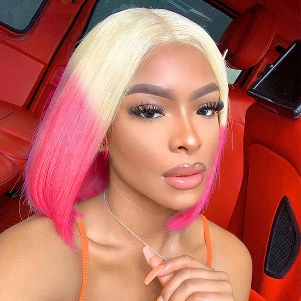 Women's Short Straight Front Lace Wig with Gradient Color for Casual Home Use