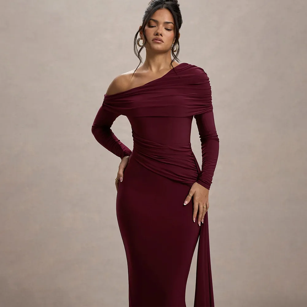 Elegant Solid Color Sheath Dress with Long Sleeves for Banquet