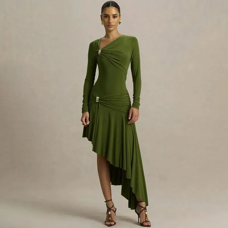 Solid Color Long Sleeve V Neck Party Dress in Polyester, Casual Streetwear Style