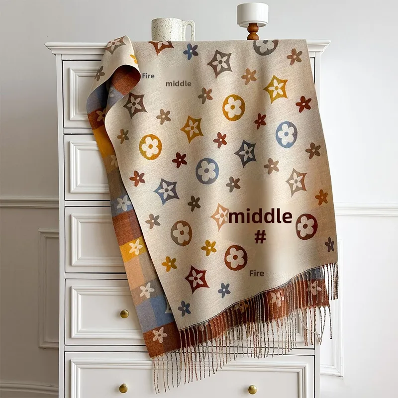 Women’s Red Imitation Cashmere Scarf with Flowers Pattern, Perfect for Autumn