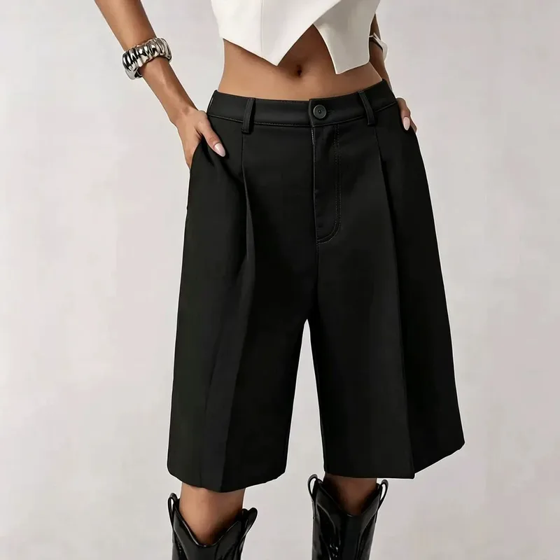 Solid Color Knee Length Dress Pants in Simple Style for Casual Wear, Made with Polyester Fabric Featuring Pocket Design