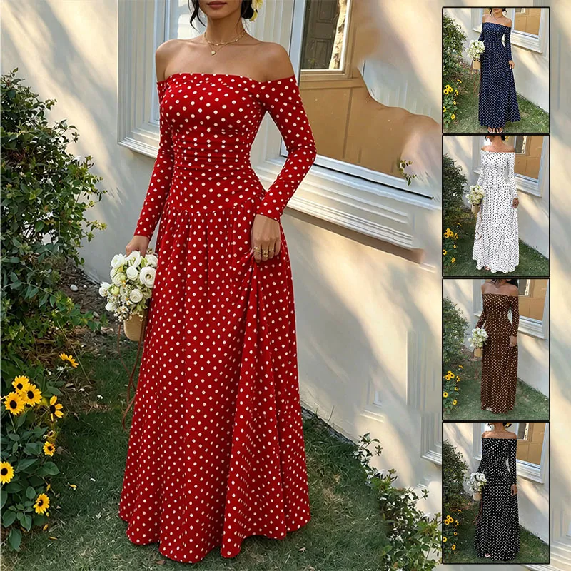 Sexy Polka Dot Dress with Off Shoulder Neckline and Long Sleeves, Made of Polyester, Perfect for Date