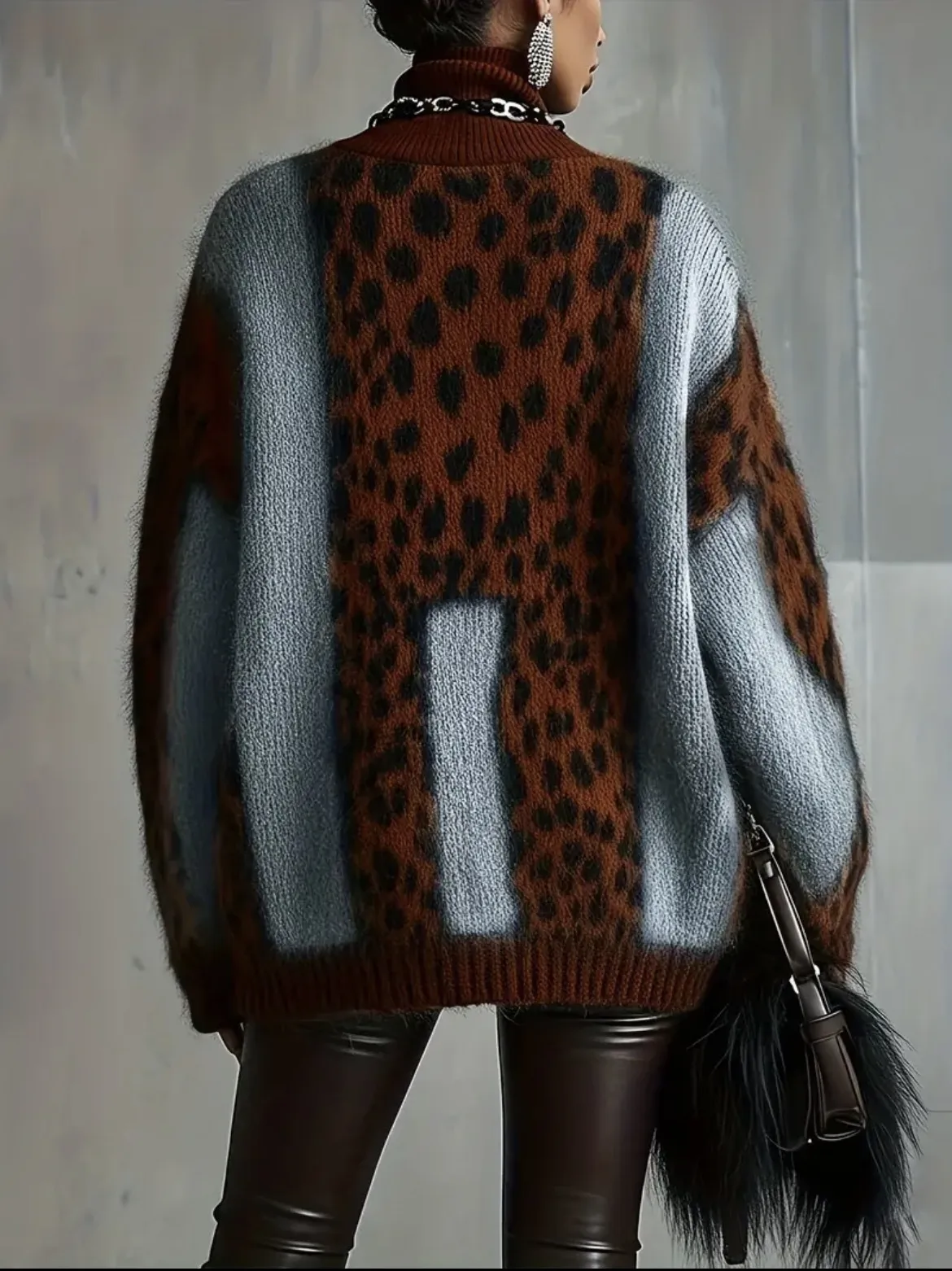 Leopard Print Casual Sweater with Long Sleeves, Knitted Acrylic Fabric Pullover