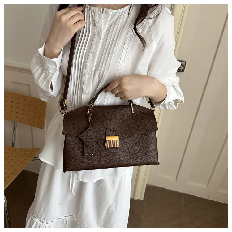 Square PU Leather Handbag in Solid Color for Women with Lock Detail and Top Handle
