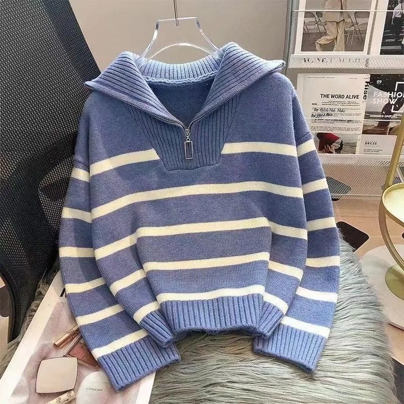 Striped Plaid Long Sleeve Acrylic Pullover Sweater with Zipper