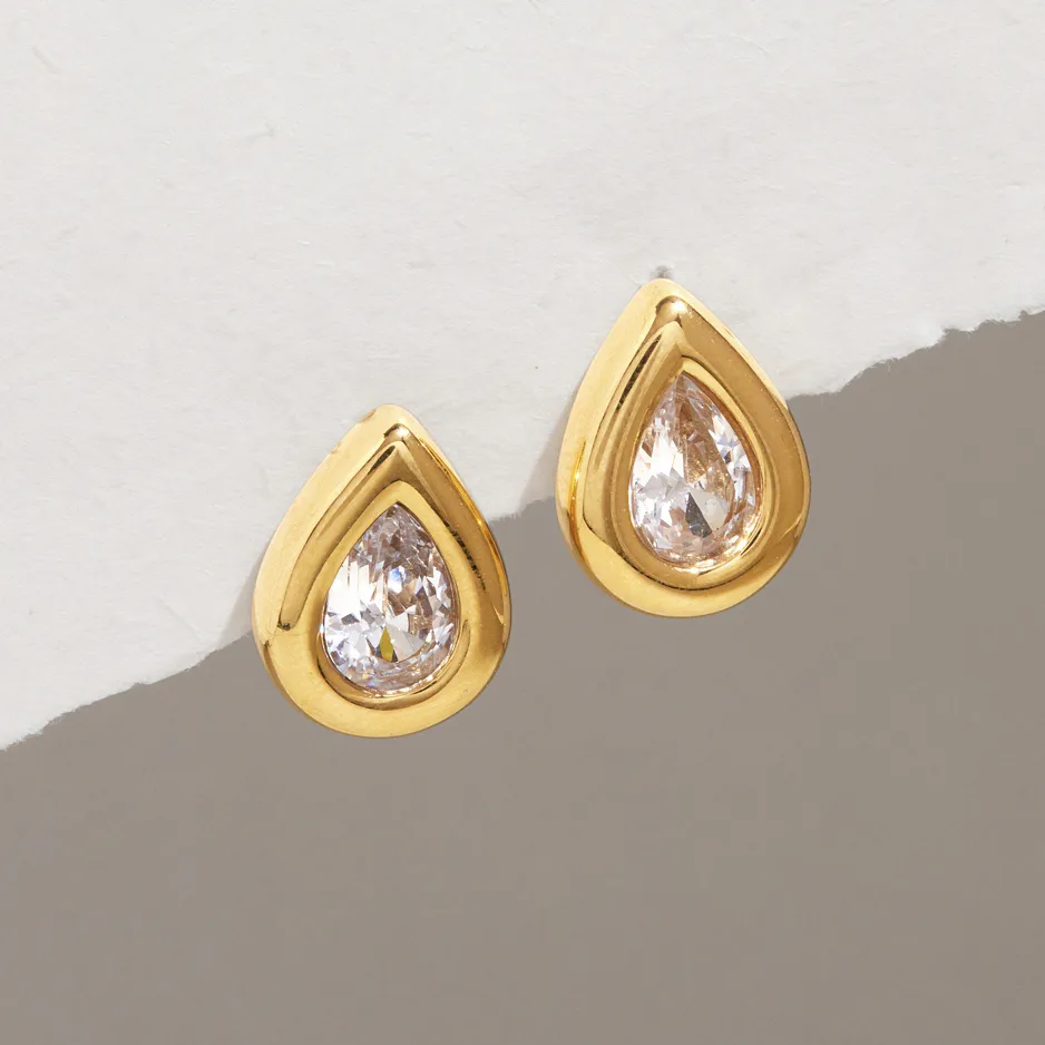 Elegant Geometric Stud Earrings for Women Featuring Waterproof Non Tarnish 304 Stainless Steel with 18K Real Gold Plating and Zircon Inlay