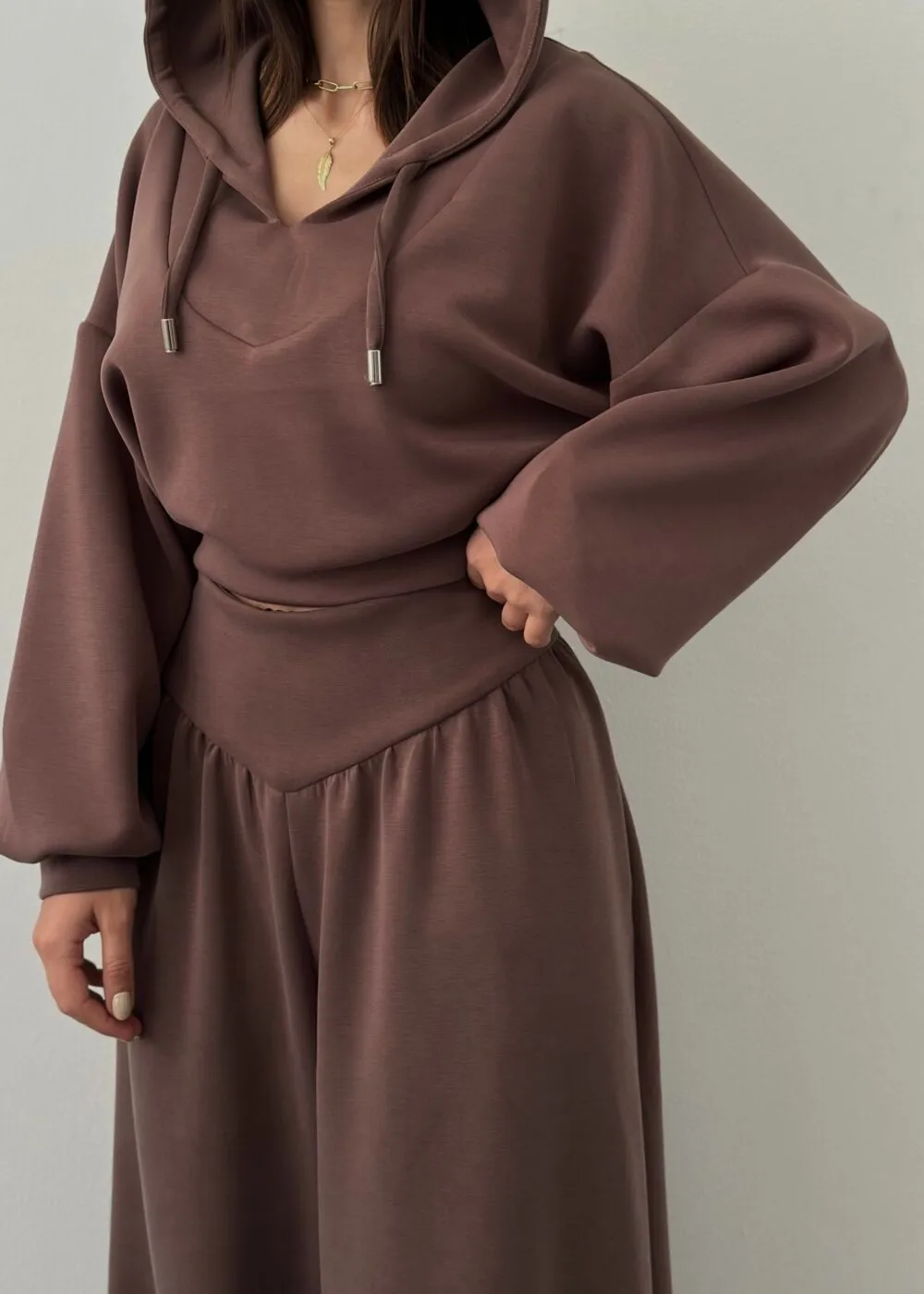 Solid Color Pant Co-ord Set, Casual Style, Cotton Polyester, V Neck, Long Sleeve, 2 Pieces