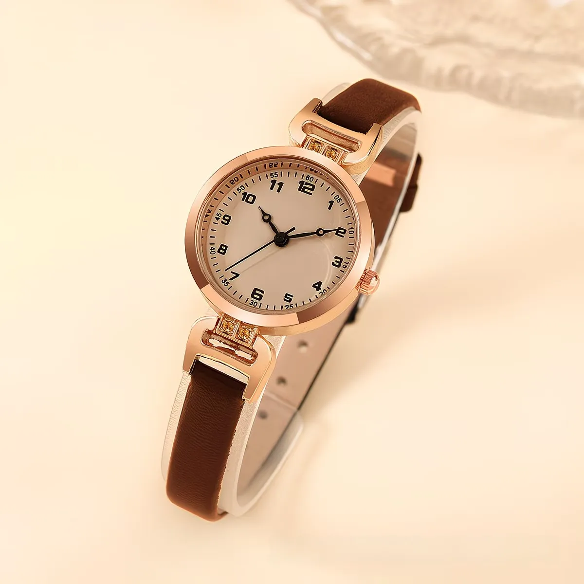Women's Quartz Watch with Imitation Leather Strap, Ordinary Glass Mirror, Pointer Display, and Pin Buckle