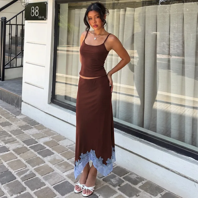Streetwear Skirt Co-ord Set in Elastane Featuring Asymmetrical Design, Sleeveless 2 Pieces Set for Summer Street Style