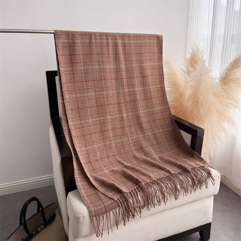 Unisex Plaid Shawl Scarf in Dark Coffee Polyester, Perfect for Autumn and Winter