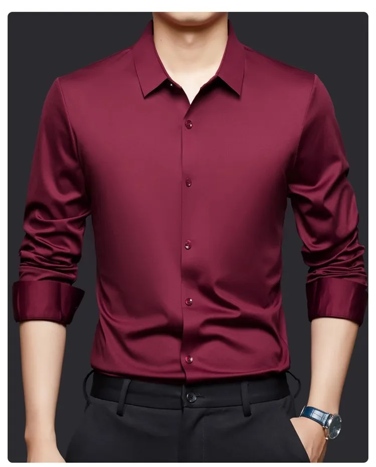 Solid Color Business Long Sleeve Blouse for Men in 4-Way Stretch Fabric, Summer Shirt